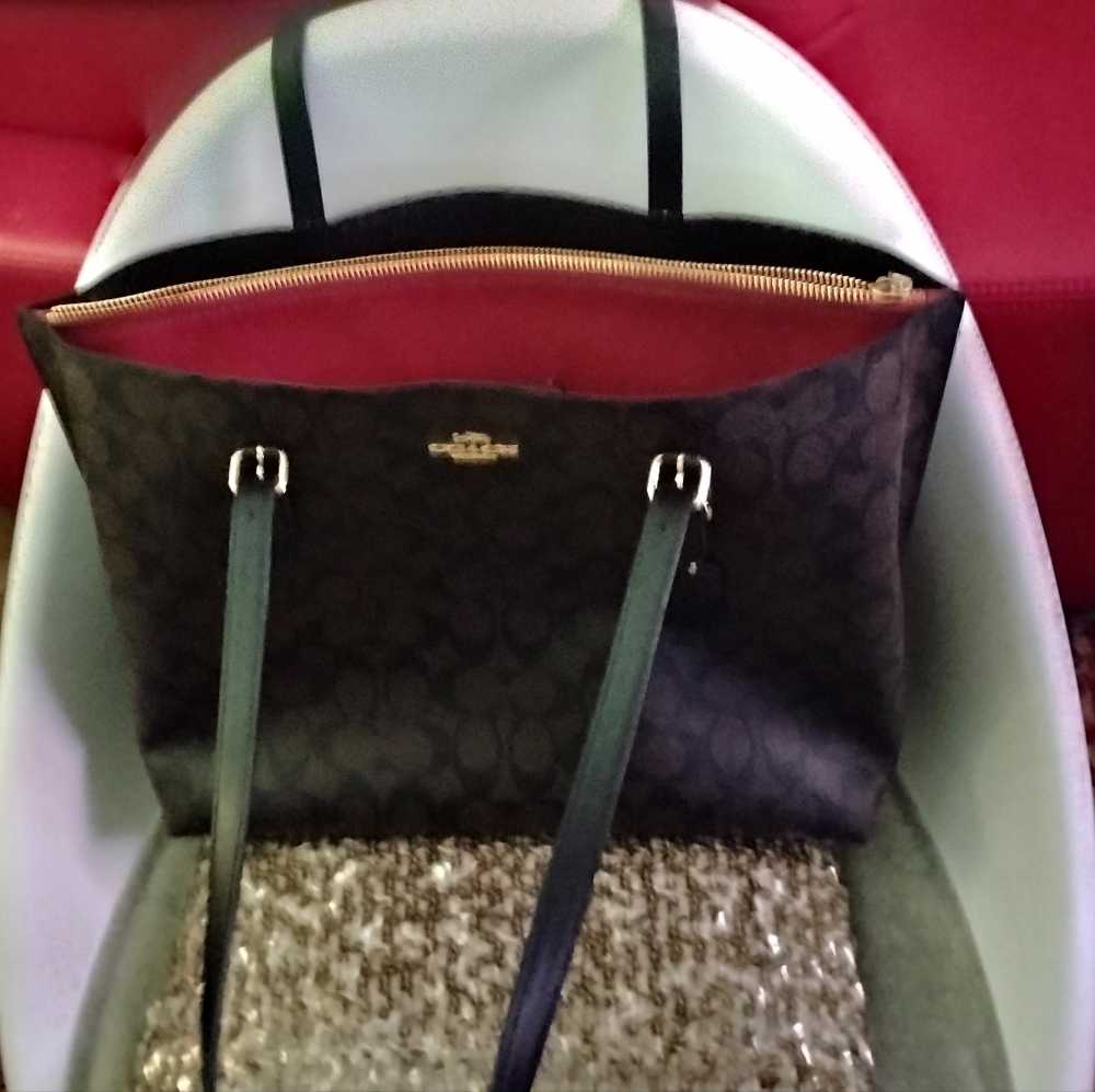 New COACH MOLLIE TOTE SIGNATURE DARK BROWN/RED INSIDE
